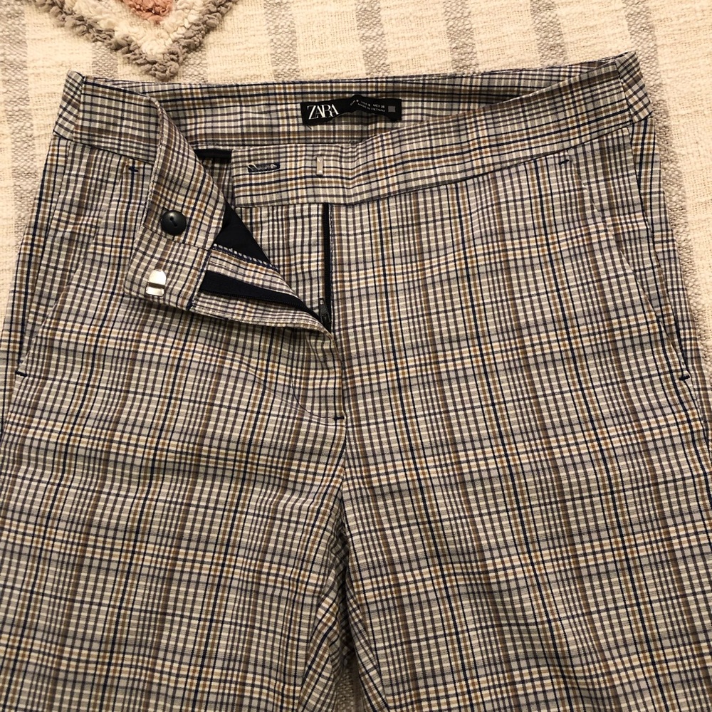 Zara Women's Plaid Pants - Cream and Blue